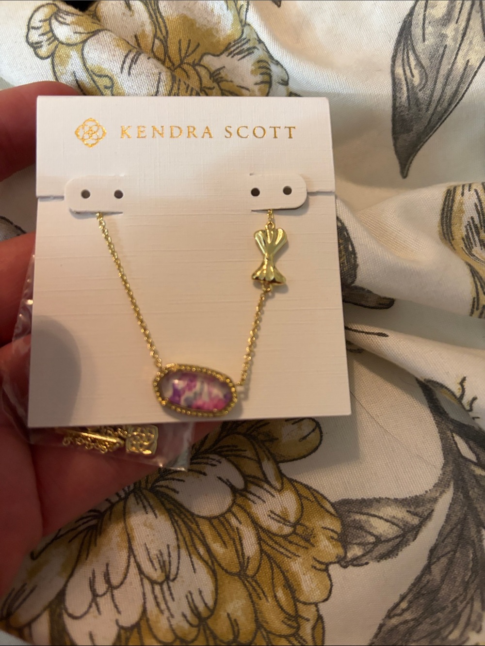 Kendra Scott Gold Necklace with Pink and White Marbled Stone